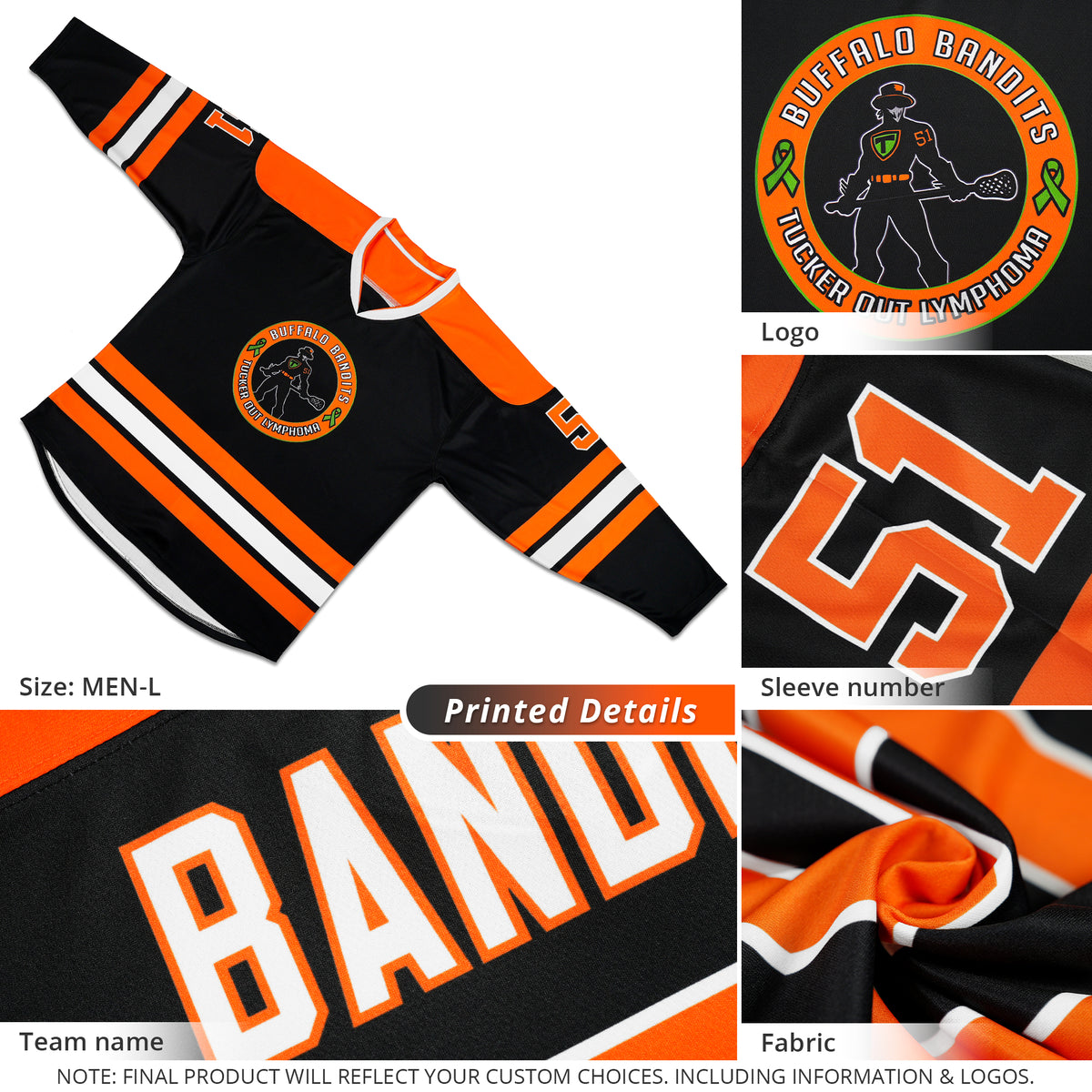 Custom Black Orange-White Personalized Classic V-Neck Hockey Jersey