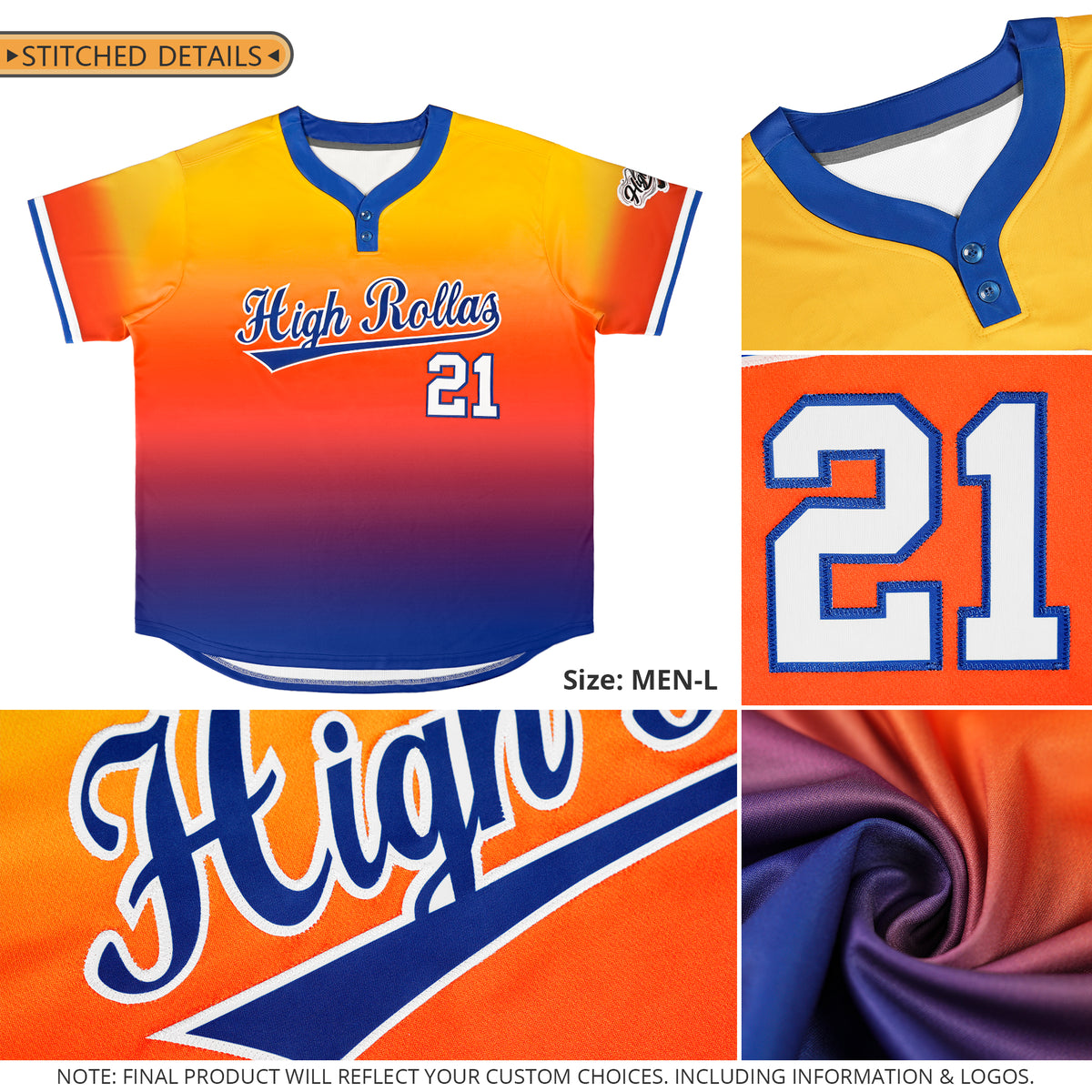 Custom Gold Orange Royal-White Gradient Fashion Authentic Two-Button Softball Jersey