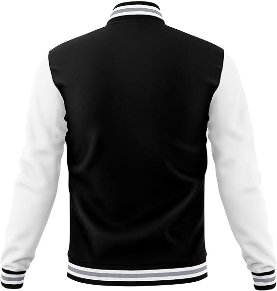 Black White Raglan Sleeves Varsity Full-Snap Letterman Jacket For Men