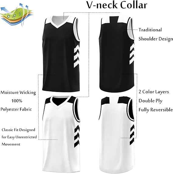 Black White Reversible Tops Basketball Jersey For Men