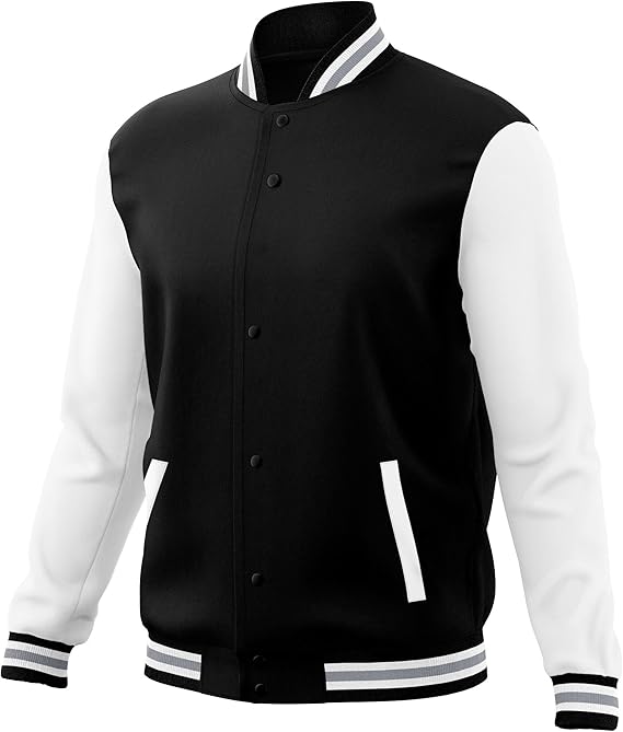 Black White Raglan Sleeves Varsity Full-Snap Letterman Jacket For Men