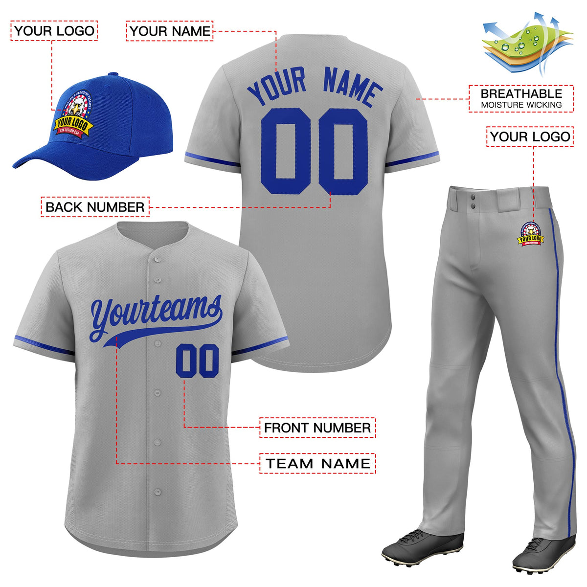 Custom Gray Royal Blue Classic Style  Baseball Uniform Jersey/Pants/Hat Package For Team |KXKSHOP