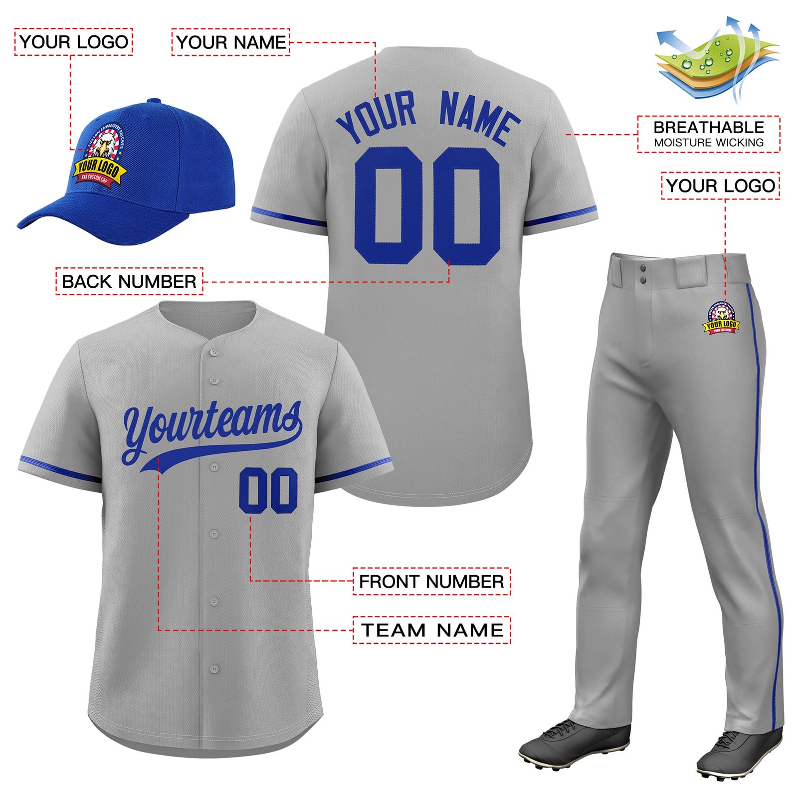 Custom Gray Royal Blue Classic Style  Baseball Uniform Jersey/Pants/Hat Package For Team |KXKSHOP