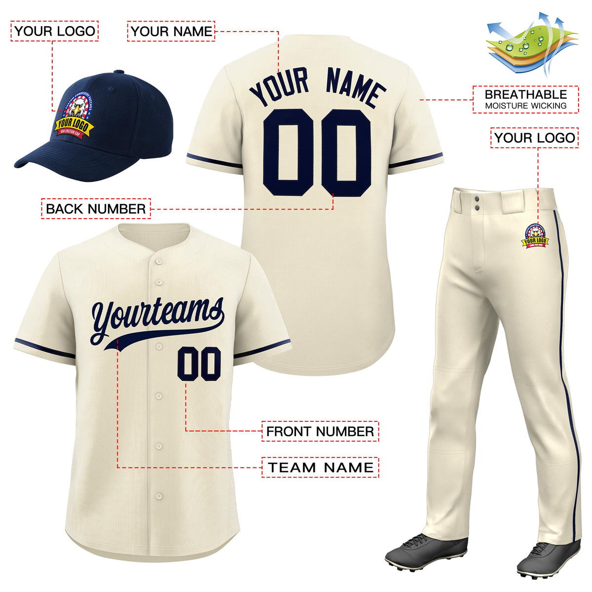 Custom Cream Navy Classic Style  Baseball Uniform Jersey/Pants/Hat Package For Team |KXKSHOP