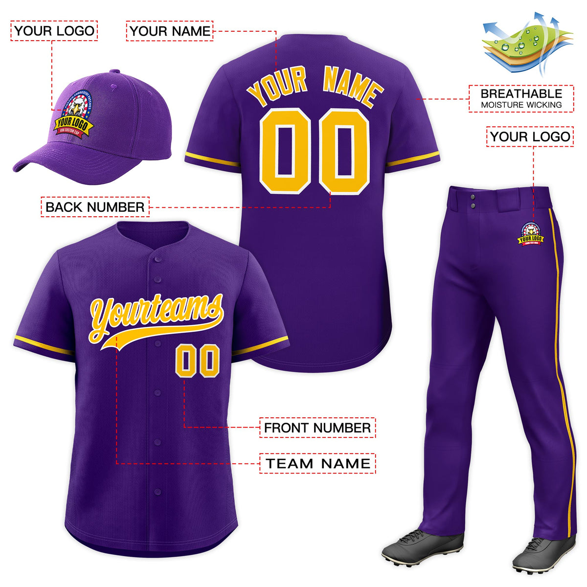 Custom Purple Gold Classic Style  Baseball Uniform Jersey/Pants/Hat Package For Team |KXKSHOP