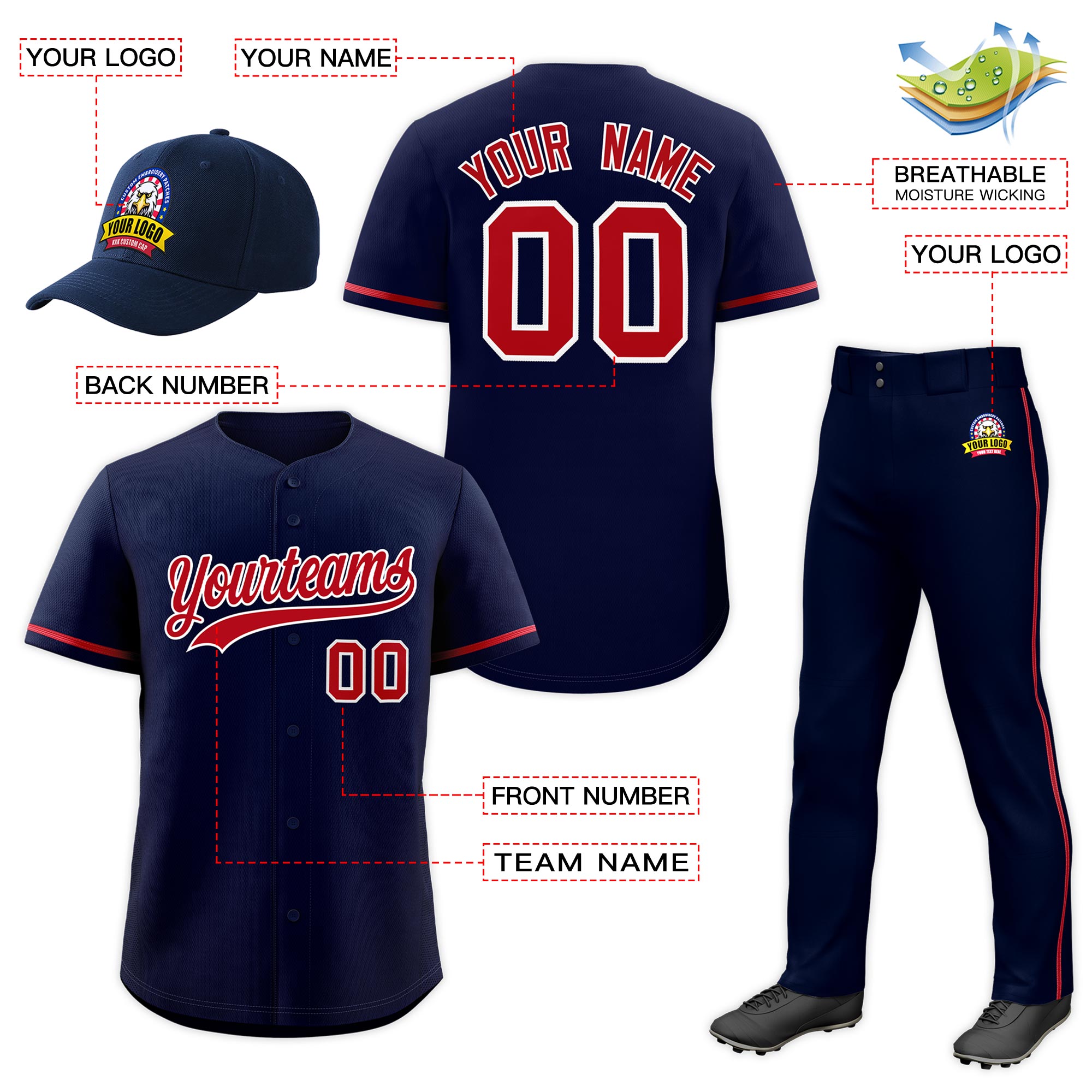 Custom Navy Red Classic Style  Baseball Uniform Jersey/Pants/Hat Package For Team |KXKSHOP