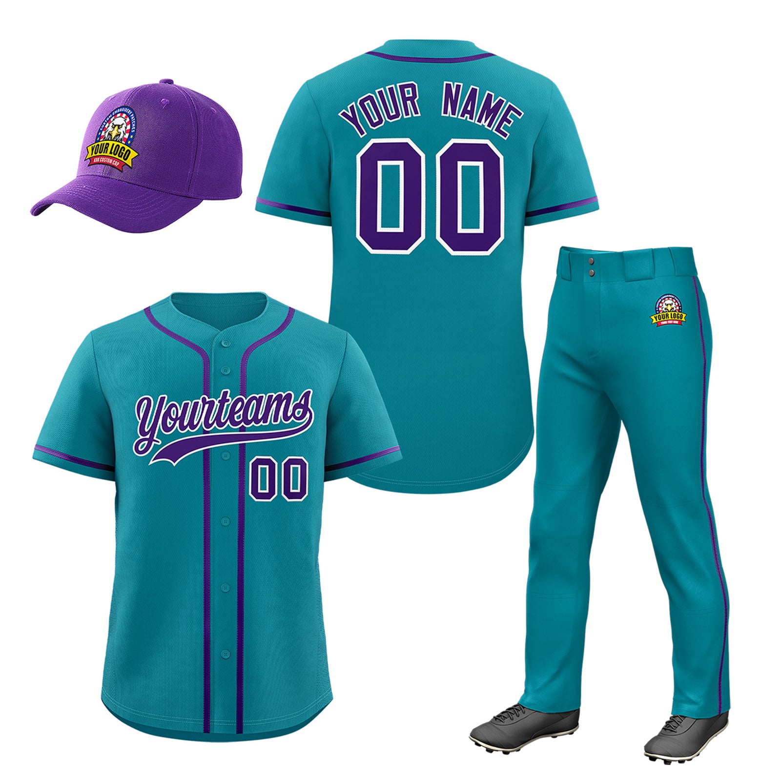 Custom Teal Purple Classic Style  Baseball Uniform Jersey/Pants/Hat Package For Team