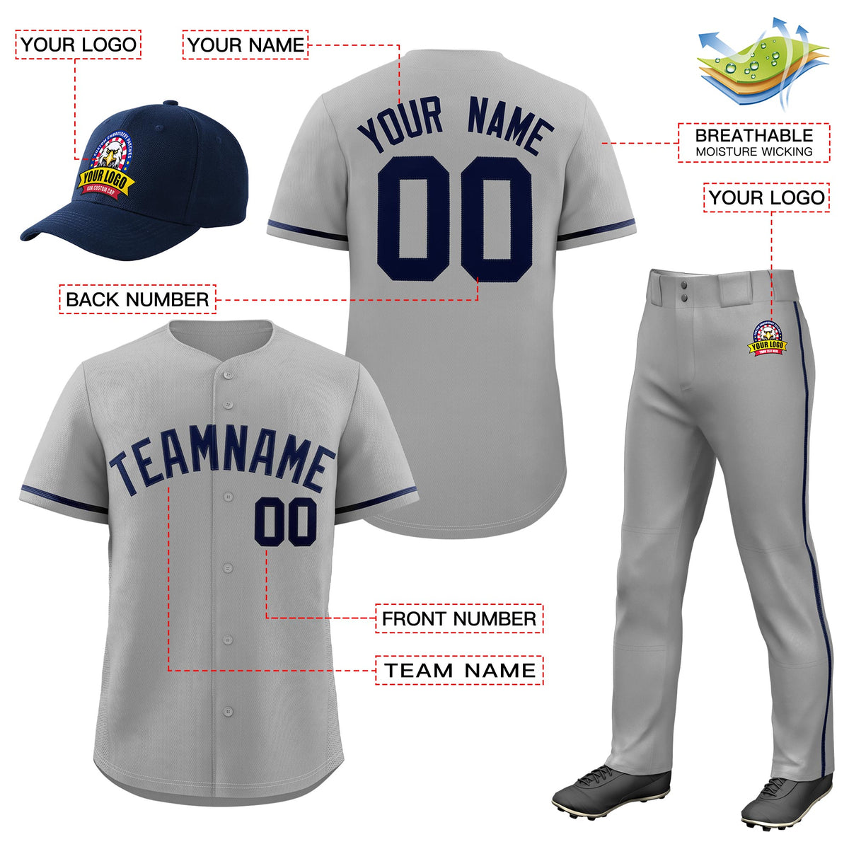 Custom Gray Navy Classic Style  Baseball Uniform Jersey/Pants/Hat Package For Team |KXKSHOP