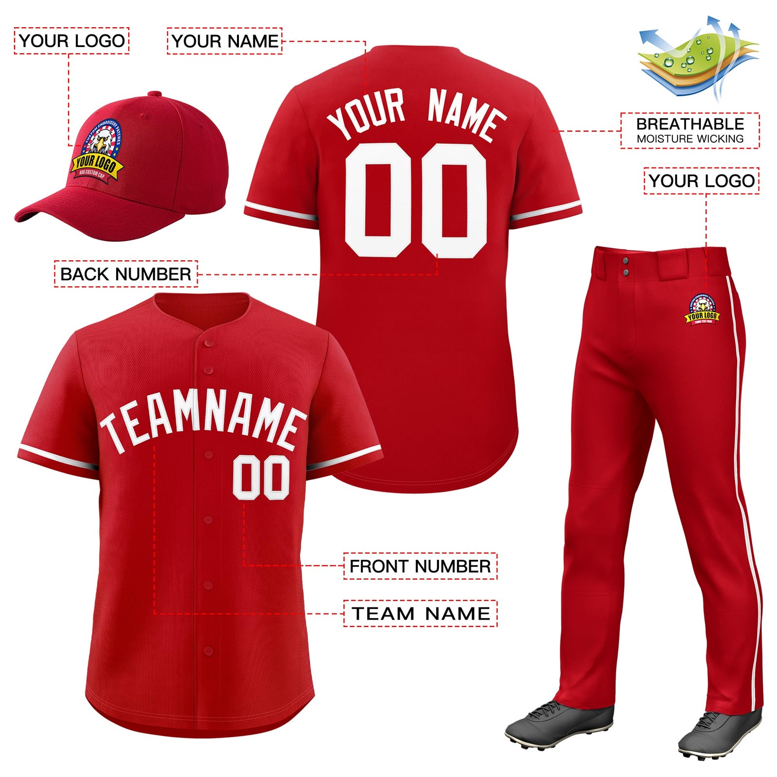 Custom Red White Classic Style  Baseball Uniform Jersey/Pants/Hat Package For Team |KXKSHOP