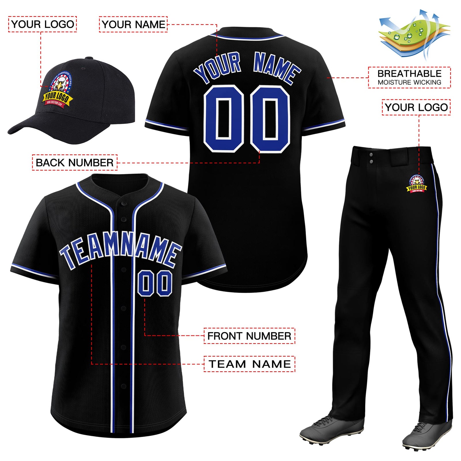 Custom Black Royal Blue Classic Style  Baseball Uniform Jersey/Pants/Hat Package For Team |KXKSHOP