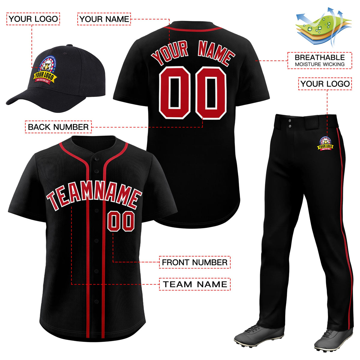 Custom Black Red Classic Style  Baseball Uniform Jersey/Pants/Hat Package For Team |KXKSHOP