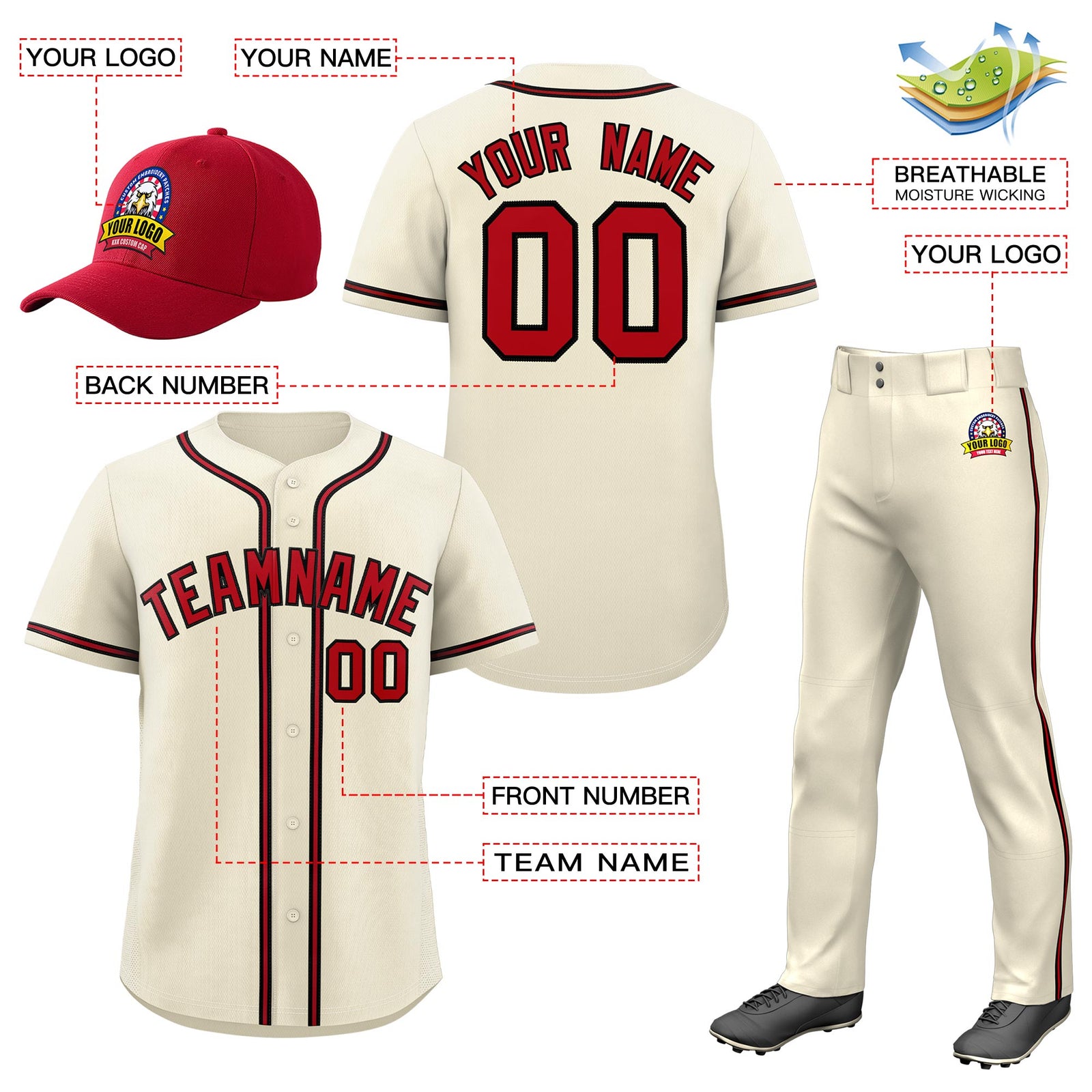 Custom Cream Red Classic Style  Baseball Uniform Jersey/Pants/Hat Package For Team |KXKSHOP