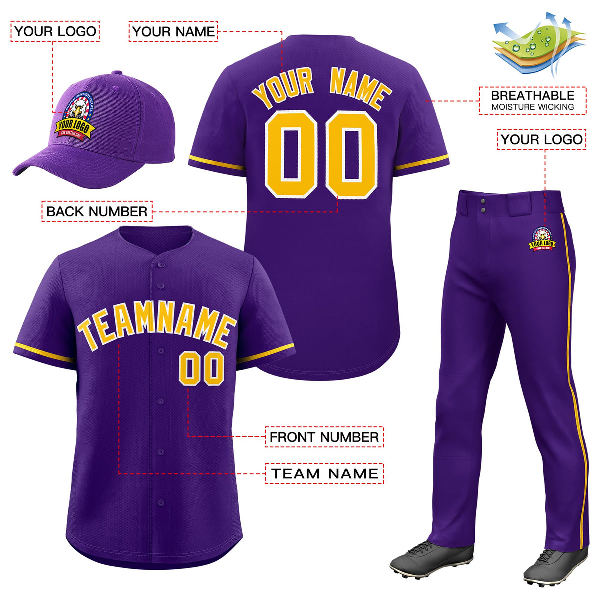 Custom Purple Gold Classic Style  Baseball Uniform Jersey/Pants/Hat Package For Team |KXKSHOP