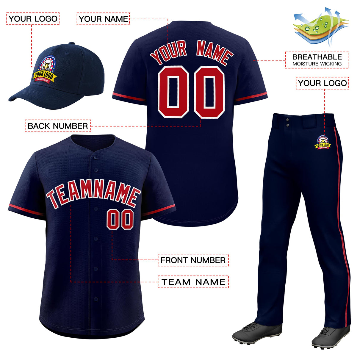 Custom Navy Red Classic Style  Baseball Uniform Jersey/Pants/Hat Package For Team |KXKSHOP