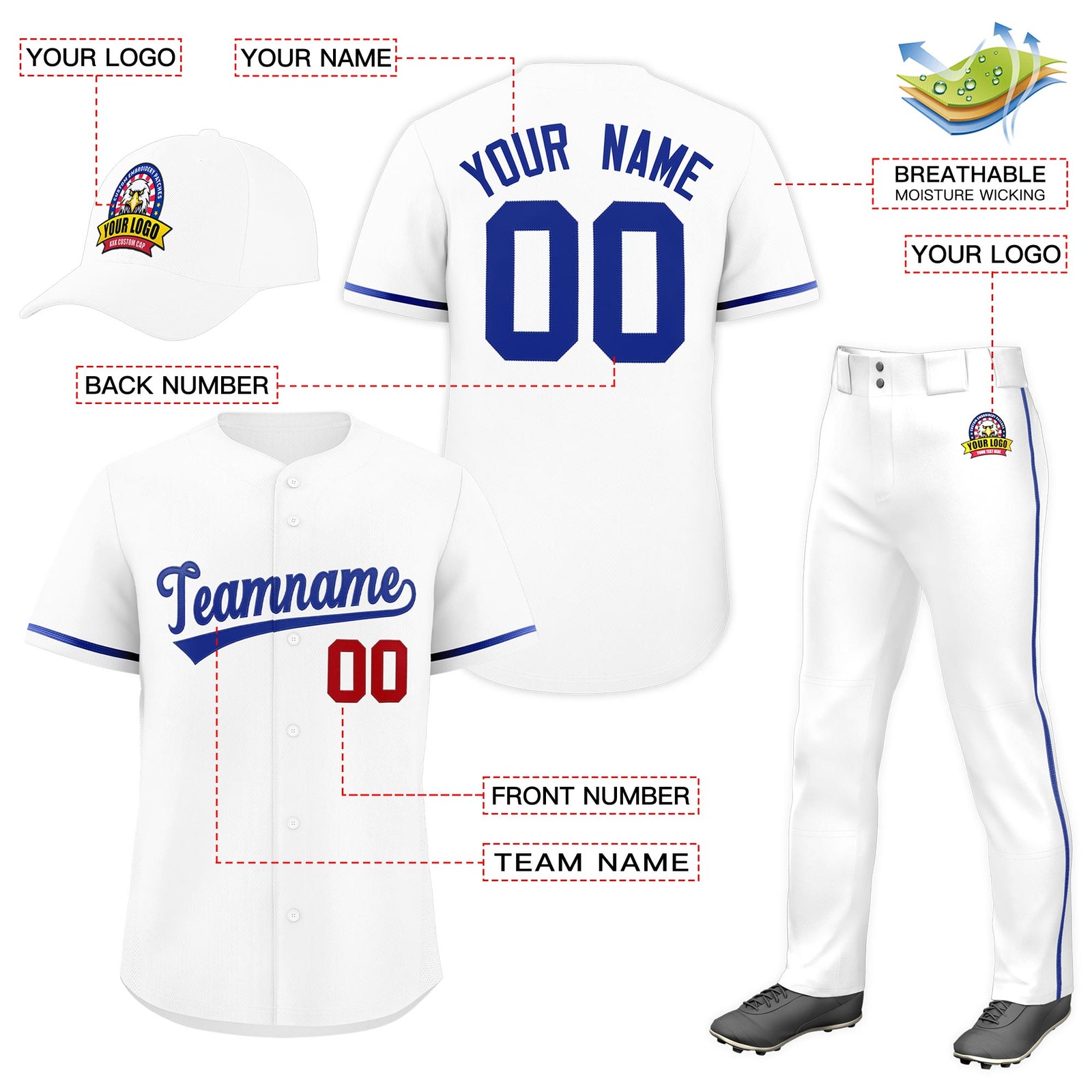 Custom White Royal Blue Classic Style  Baseball Uniform Jersey/Pants/Hat Package For Team |KXKSHOP