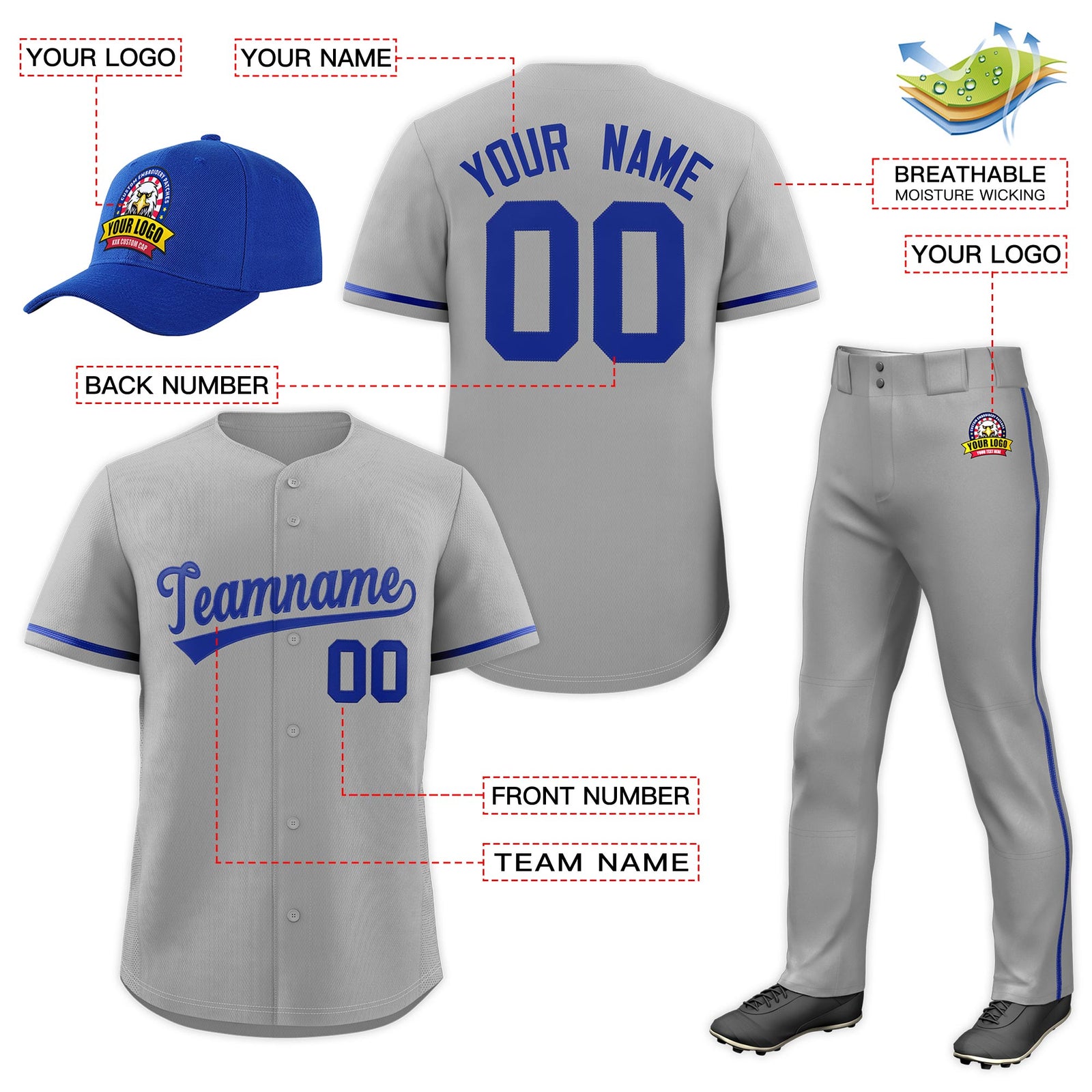 Custom Gray Royal Blue Classic Style  Baseball Uniform Jersey/Pants/Hat Package For Team |KXKSHOP
