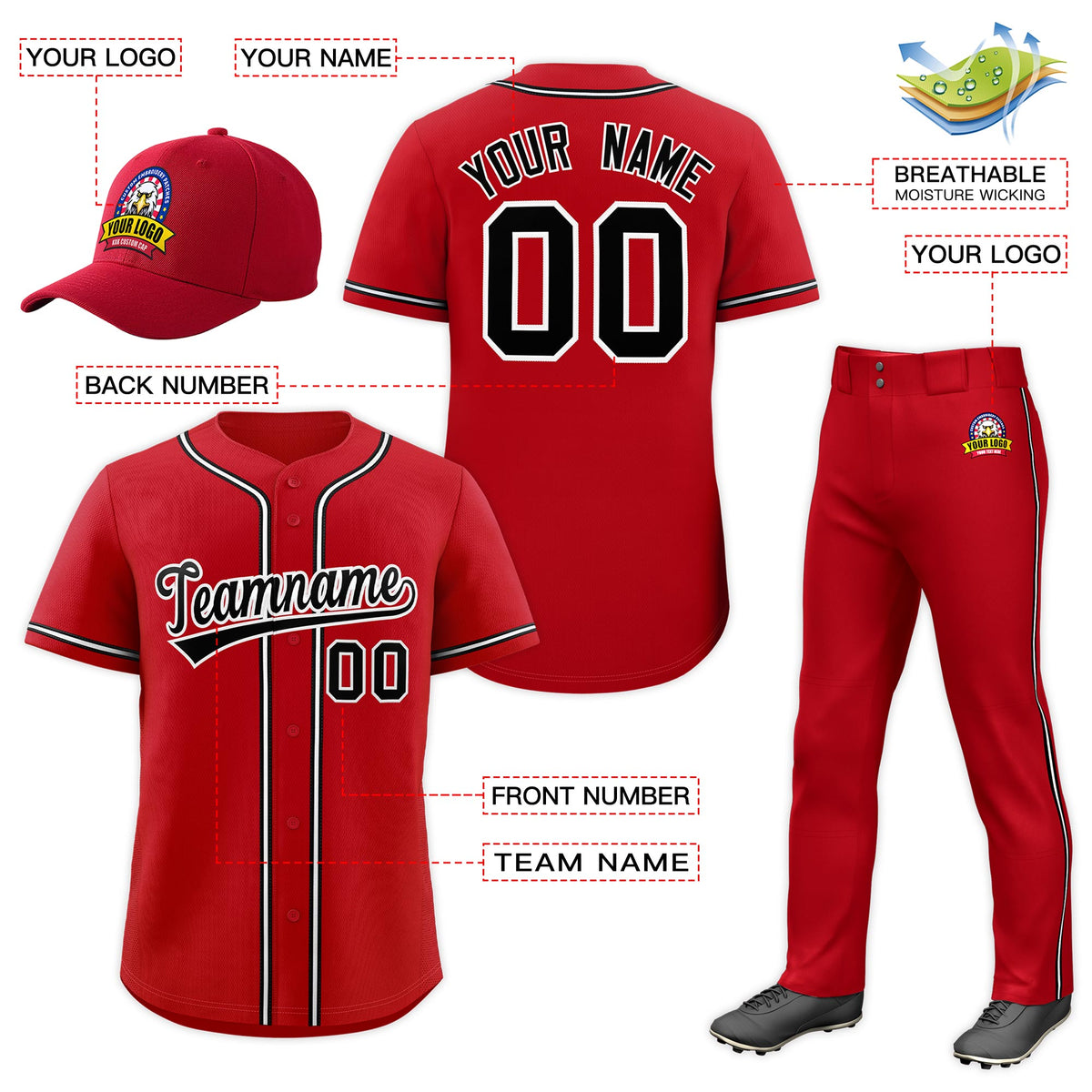 Custom Red Black Classic Style  Baseball Uniform Jersey/Pants/Hat Package For Team |KXKSHOP