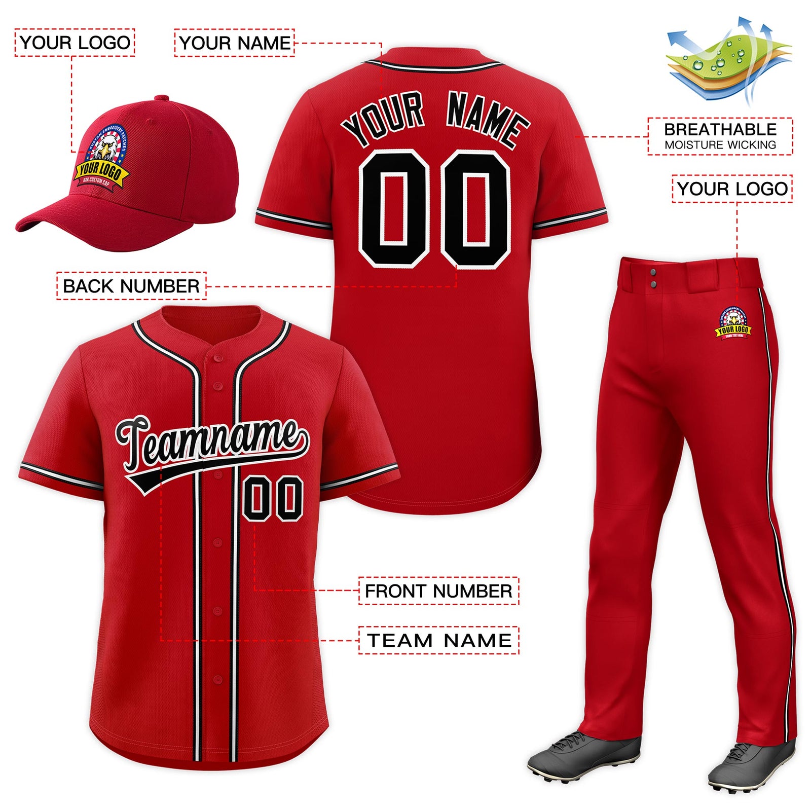Custom Red Black Classic Style  Baseball Uniform Jersey/Pants/Hat Package For Team |KXKSHOP
