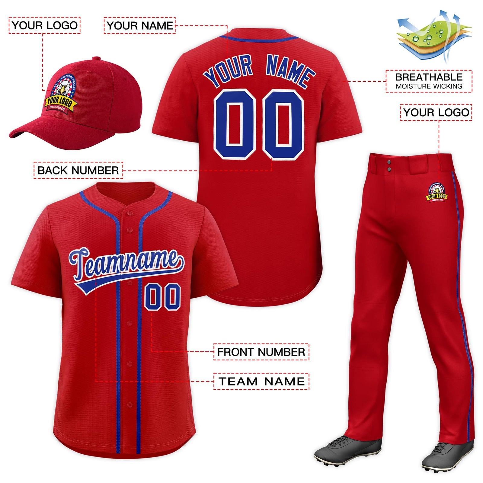 Custom Red Royal Blue Classic Style  Baseball Uniform Jersey/Pants/Hat Package For Team |KXKSHOP