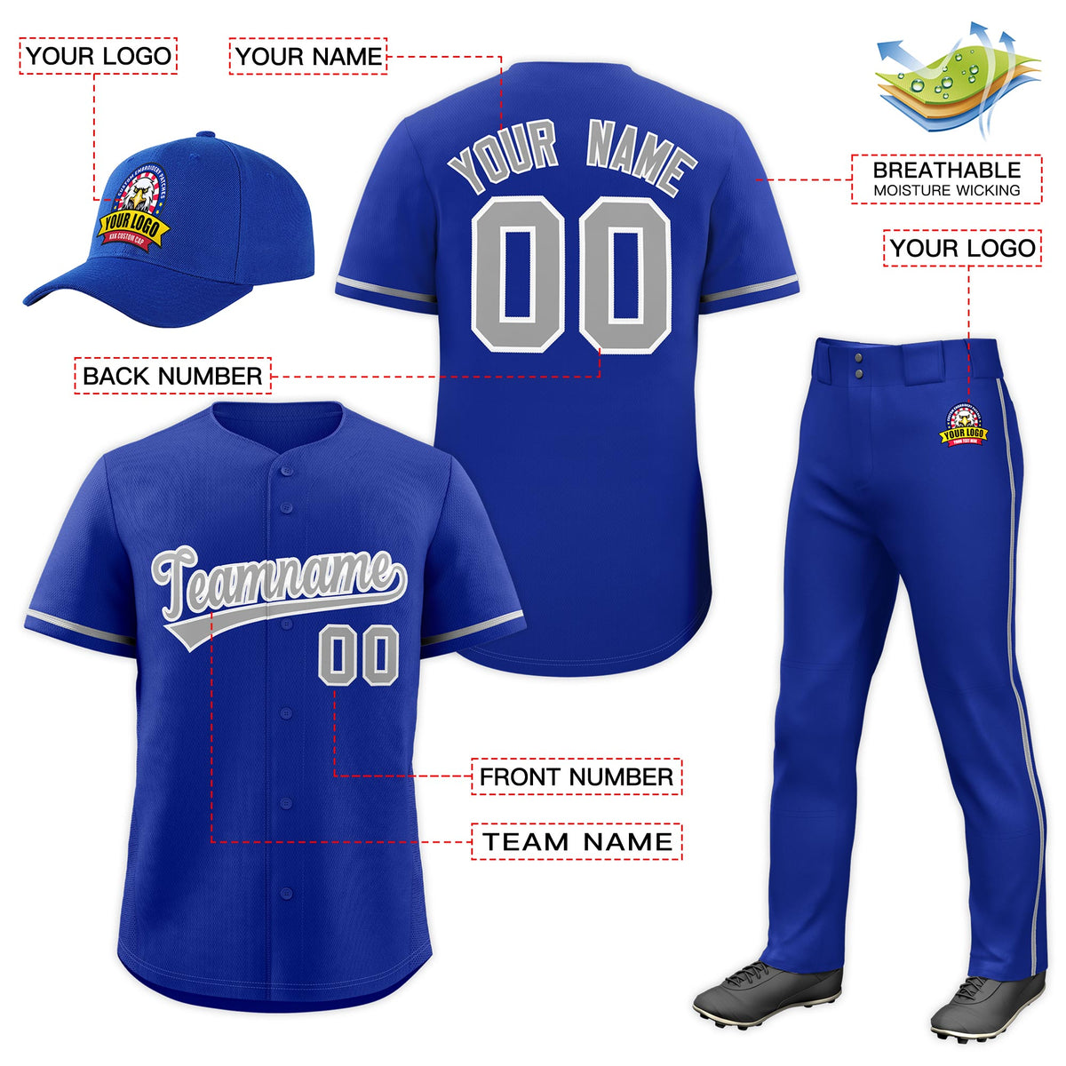 Custom Royal Blue Gray Classic Style  Baseball Uniform Jersey/Pants/Hat Package For Team |KXKSHOP