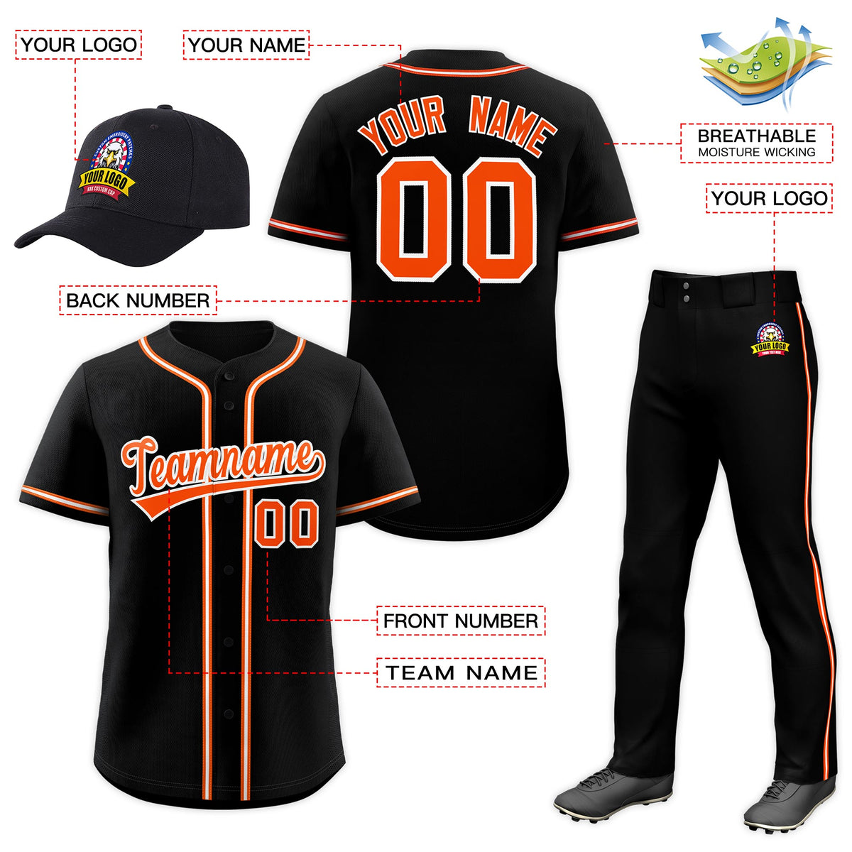 Custom Black Orange Classic Style  Baseball Uniform Jersey/Pants/Hat Package For Team |KXKSHOP