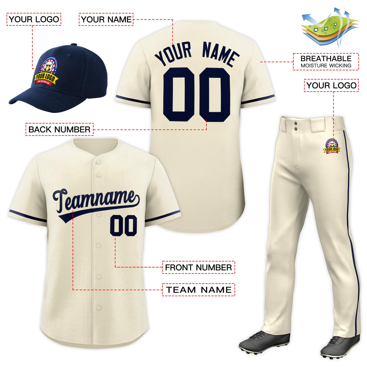 Custom Cream Navy Classic Style  Baseball Uniform Jersey/Pants/Hat Package For Team |KXKSHOP