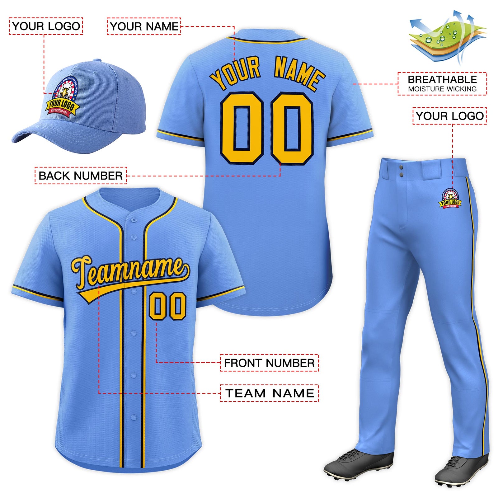 Custom Light Blue Gold Classic Style  Baseball Uniform Jersey/Pants/Hat Package For Team |KXKSHOP