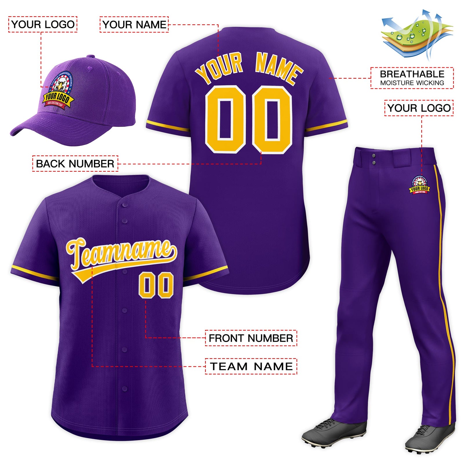 Custom Purple Gold Classic Style  Baseball Uniform Jersey/Pants/Hat Package For Team |KXKSHOP