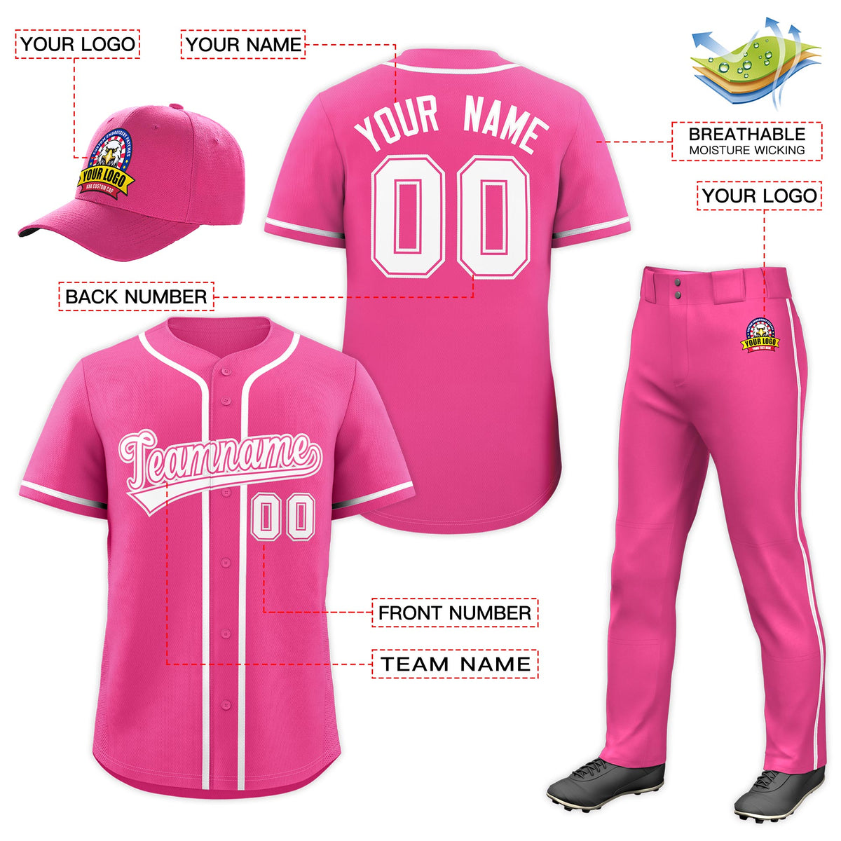 Custom Pink White Classic Style  Baseball Uniform Jersey/Pants/Hat Package For Team |KXKSHOP