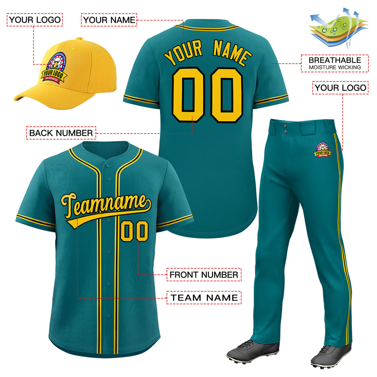 Custom Teal Gold Classic Style  Baseball Uniform Jersey/Pants/Hat Package For Team |KXKSHOP