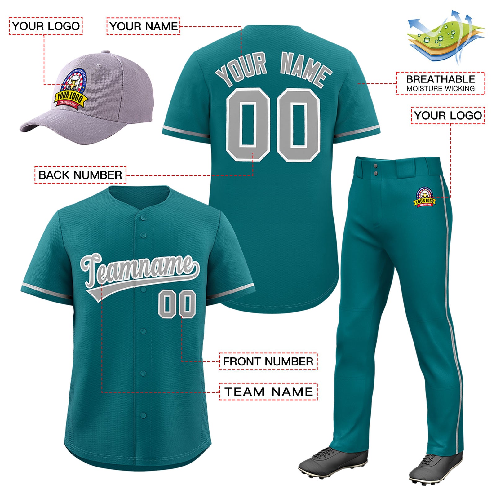 Custom Teal Gray Classic Style  Baseball Uniform Jersey/Pants/Hat Package For Team |KXKSHOP