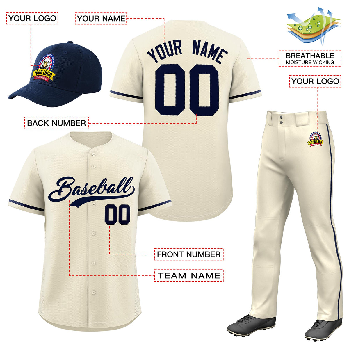 Custom Cream Navy Classic Style  Baseball Uniform Jersey/Pants/Hat Package For Team |KXKSHOP