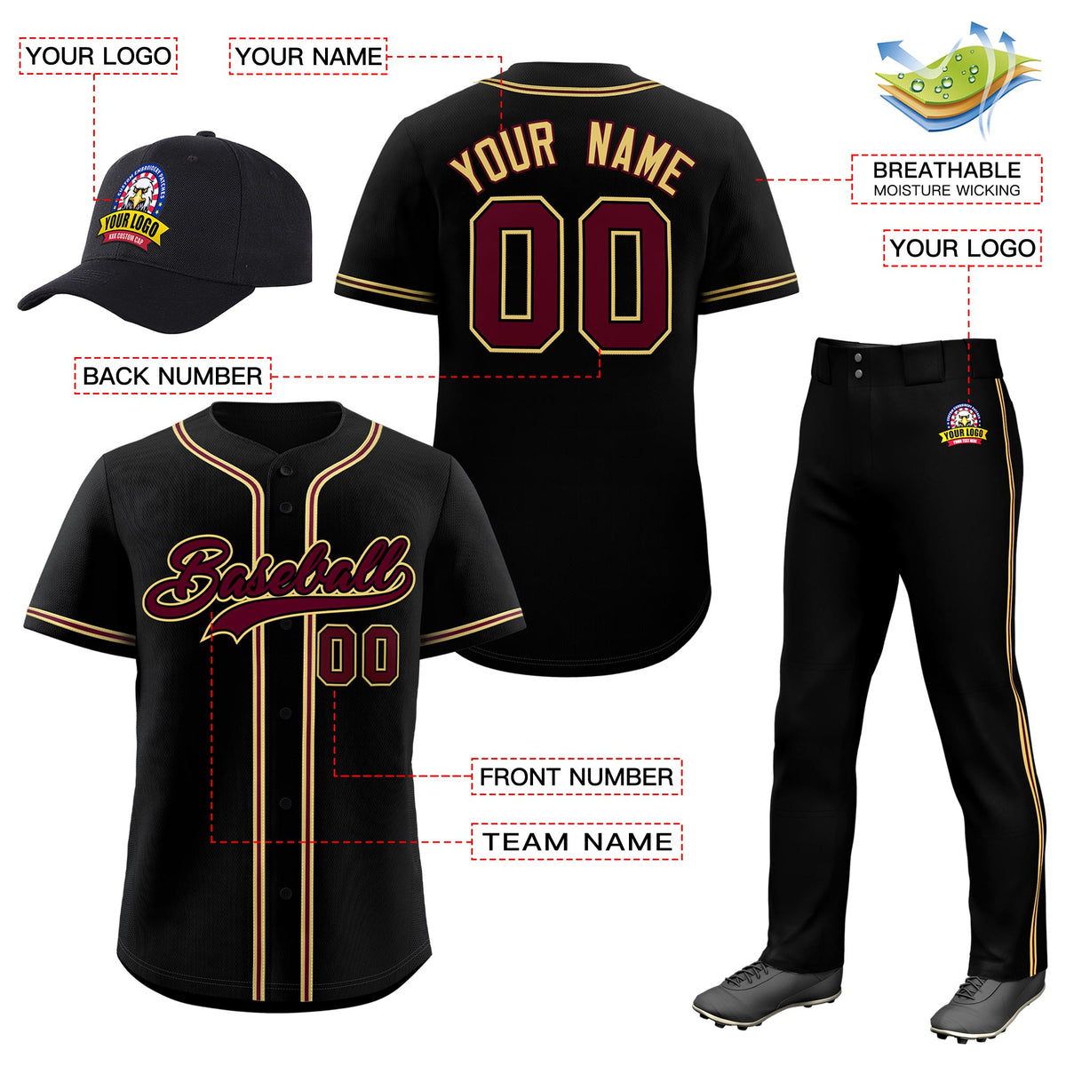 Custom Black Crimson Classic Style  Baseball Uniform Jersey/Pants/Hat Package For Team |KXKSHOP