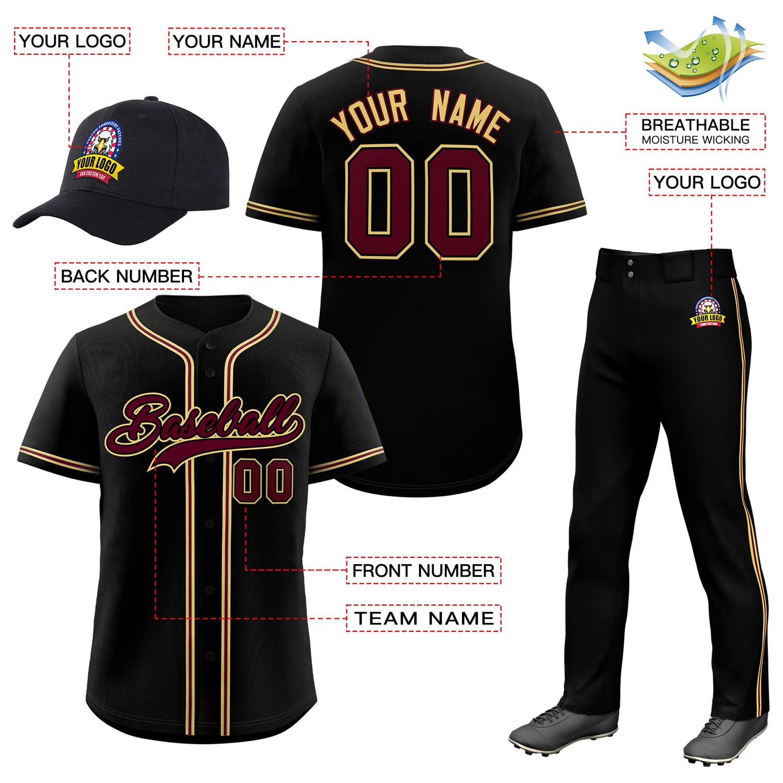 Custom Black Crimson Classic Style  Baseball Uniform Jersey/Pants/Hat Package For Team |KXKSHOP