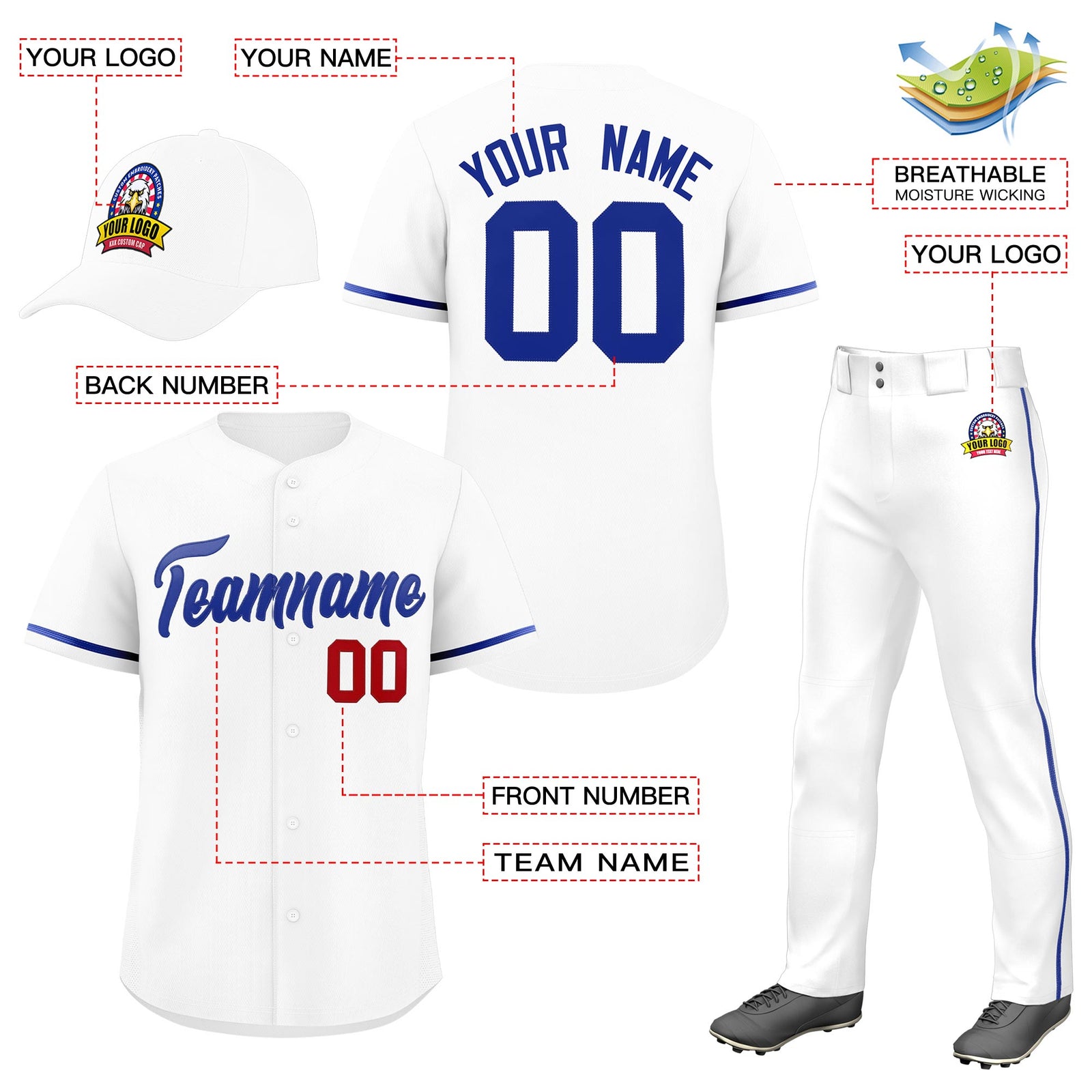Custom White Royal Blue Classic Style  Baseball Uniform Jersey/Pants/Hat Package For Team |KXKSHOP