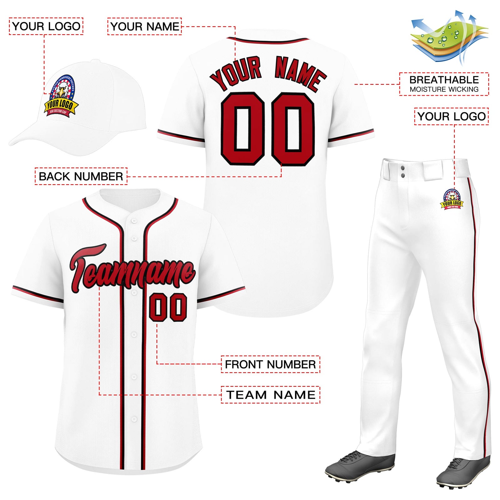 Custom White Red Classic Style  Baseball Uniform Jersey/Pants/Hat Package For Team |KXKSHOP