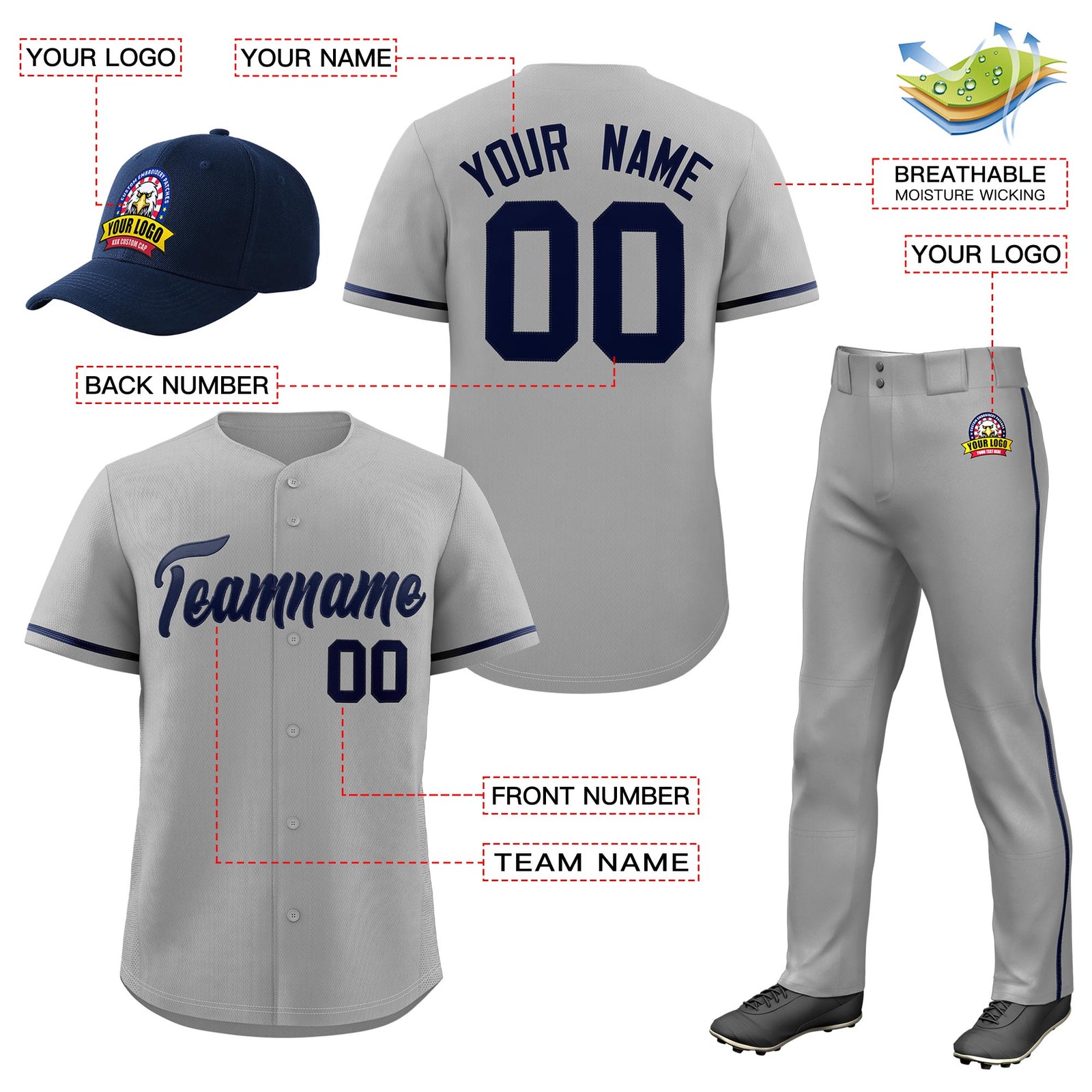 Custom Gray Navy Classic Style  Baseball Uniform Jersey/Pants/Hat Package For Team |KXKSHOP