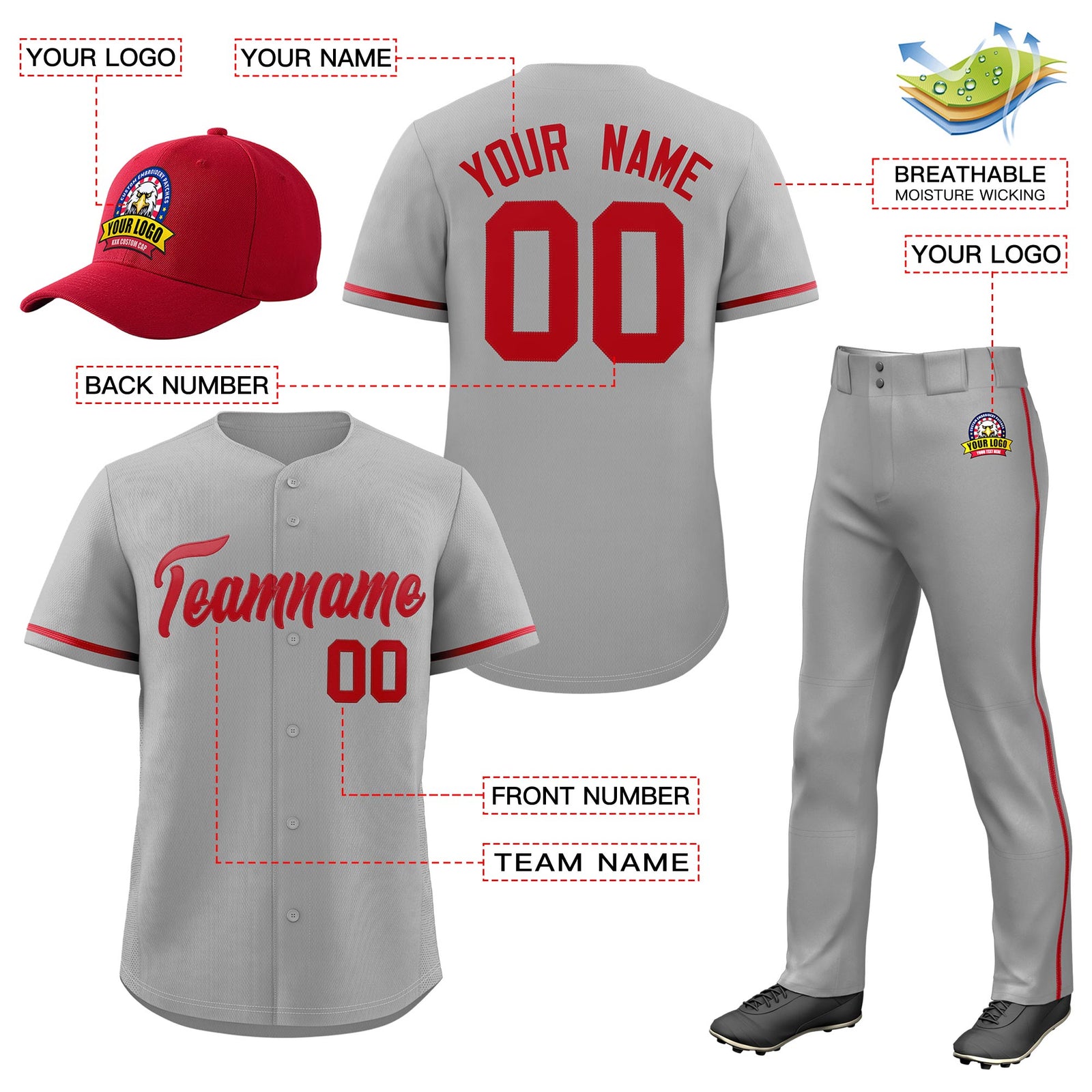 Custom Gray Red Classic Style  Baseball Uniform Jersey/Pants/Hat Package For Team |KXKSHOP