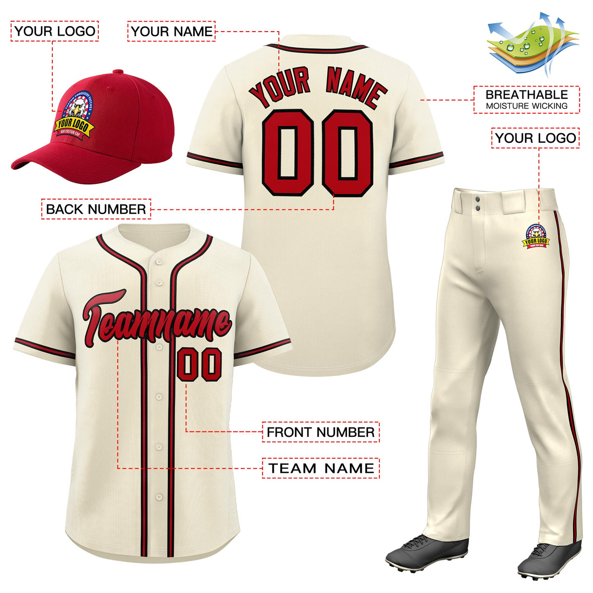 Custom Cream Red Classic Style  Baseball Uniform Jersey/Pants/Hat Package For Team |KXKSHOP