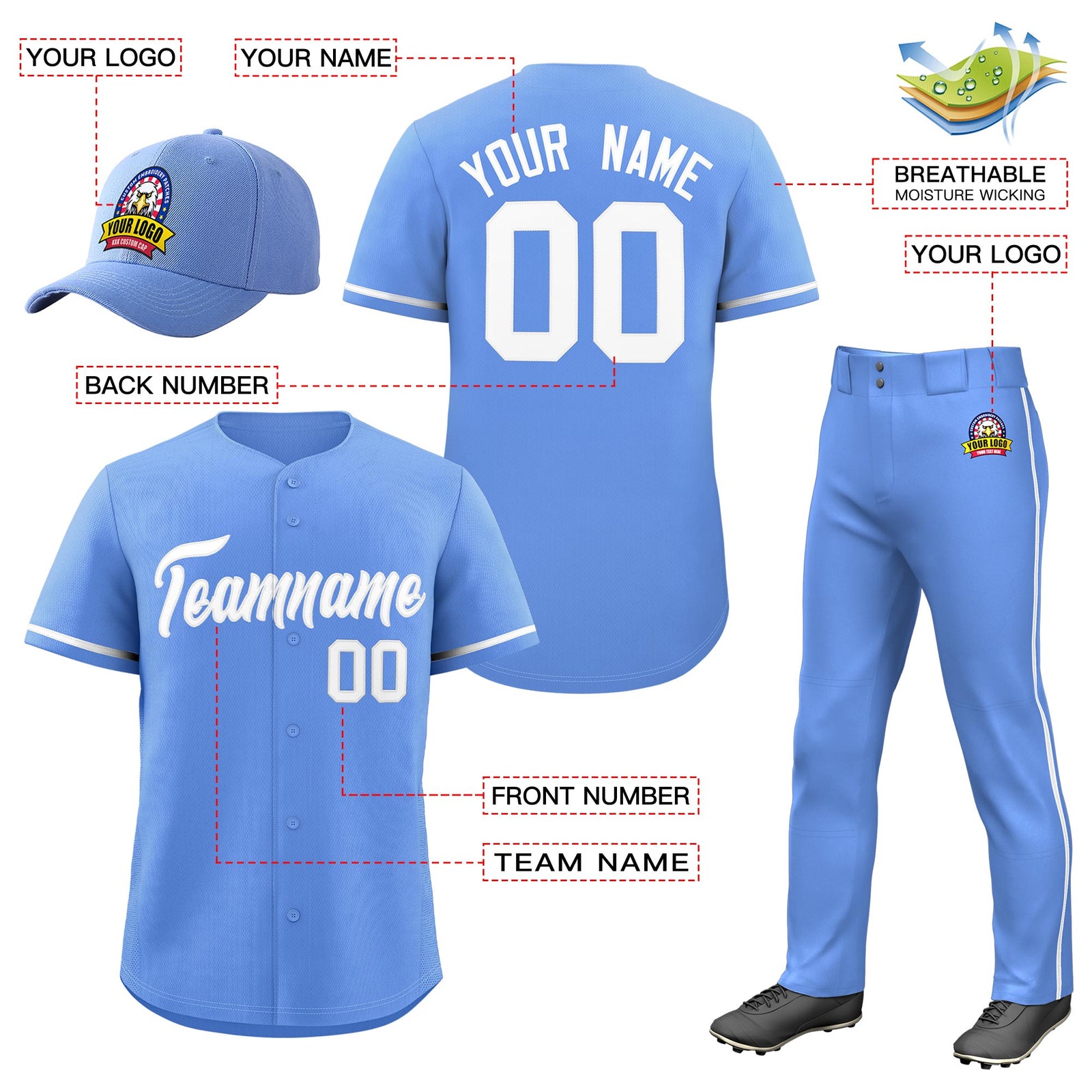 Custom Light Blue White Classic Style  Baseball Uniform Jersey/Pants/Hat Package For Team |KXKSHOP