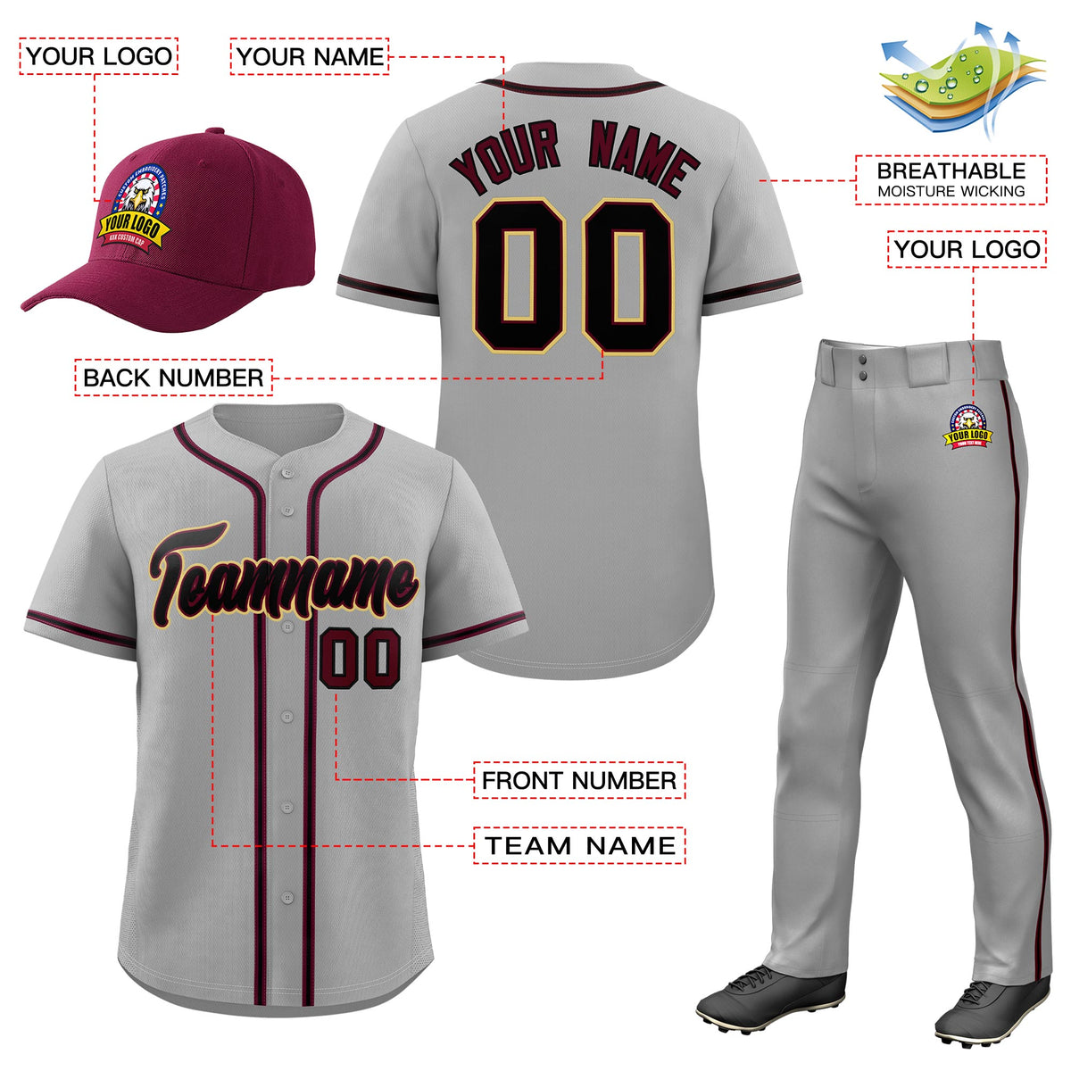 Custom Gray Crimson Classic Style  Baseball Uniform Jersey/Pants/Hat Package For Team |KXKSHOP