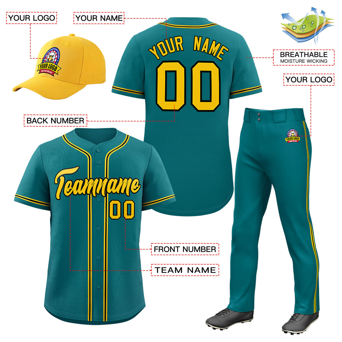 Custom Teal Gold Classic Style  Baseball Uniform Jersey/Pants/Hat Package For Team |KXKSHOP