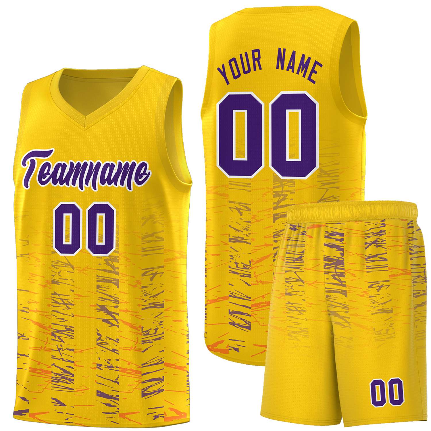 Custom Yellow Purple Personalized Scratches Pattern Sports Uniform Basketball Jersey