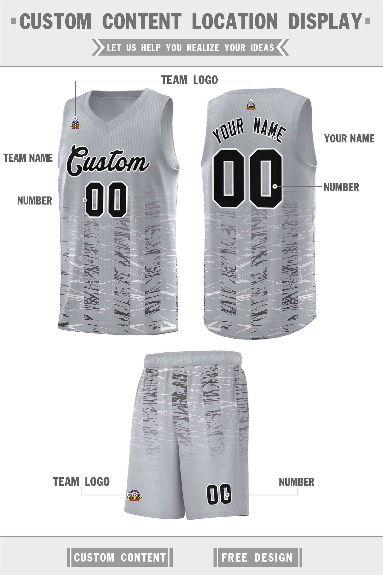 Custom Gray Black Personalized Scratches Pattern Sports Uniform Basketball Jersey