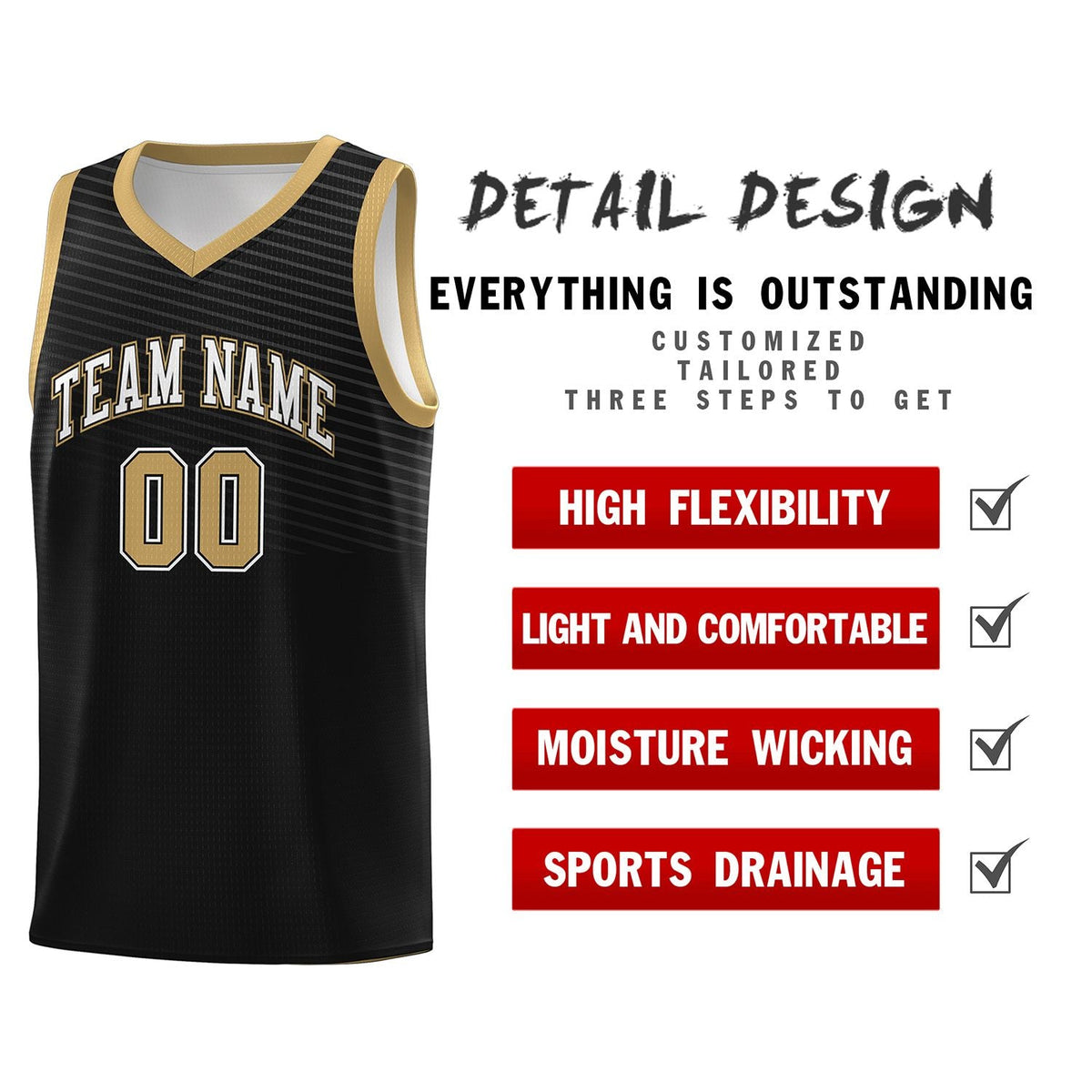 Custom Black Old Gold Chest Slash Patttern Sports Uniform Basketball Jersey