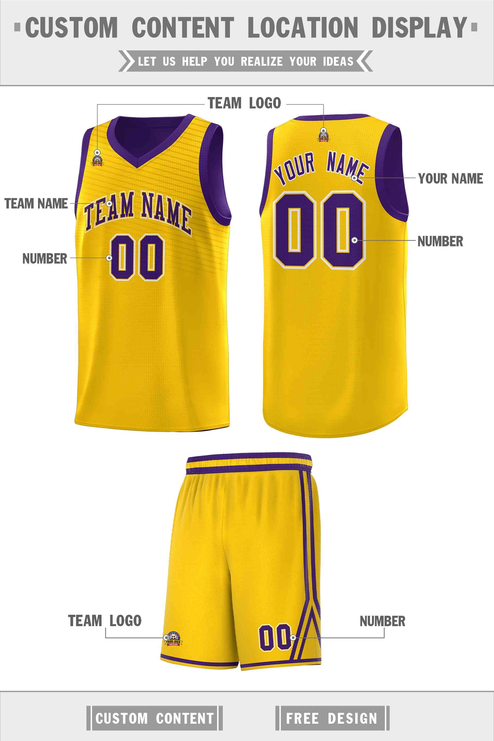 Custom Gold Purple Chest Slash Patttern Sports Uniform Basketball Jersey
