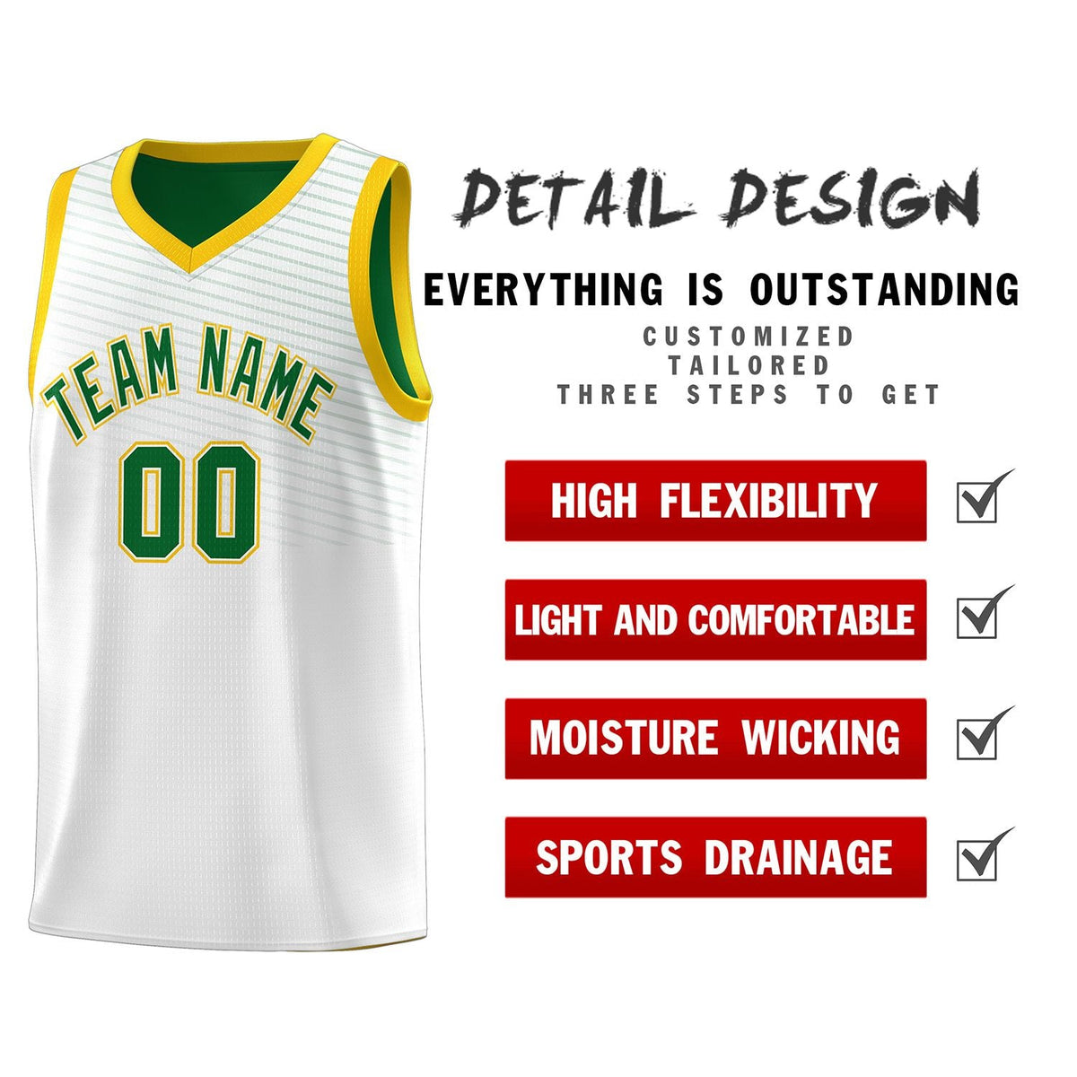 Custom White Kelly Green Chest Slash Patttern Sports Uniform Basketball Jersey
