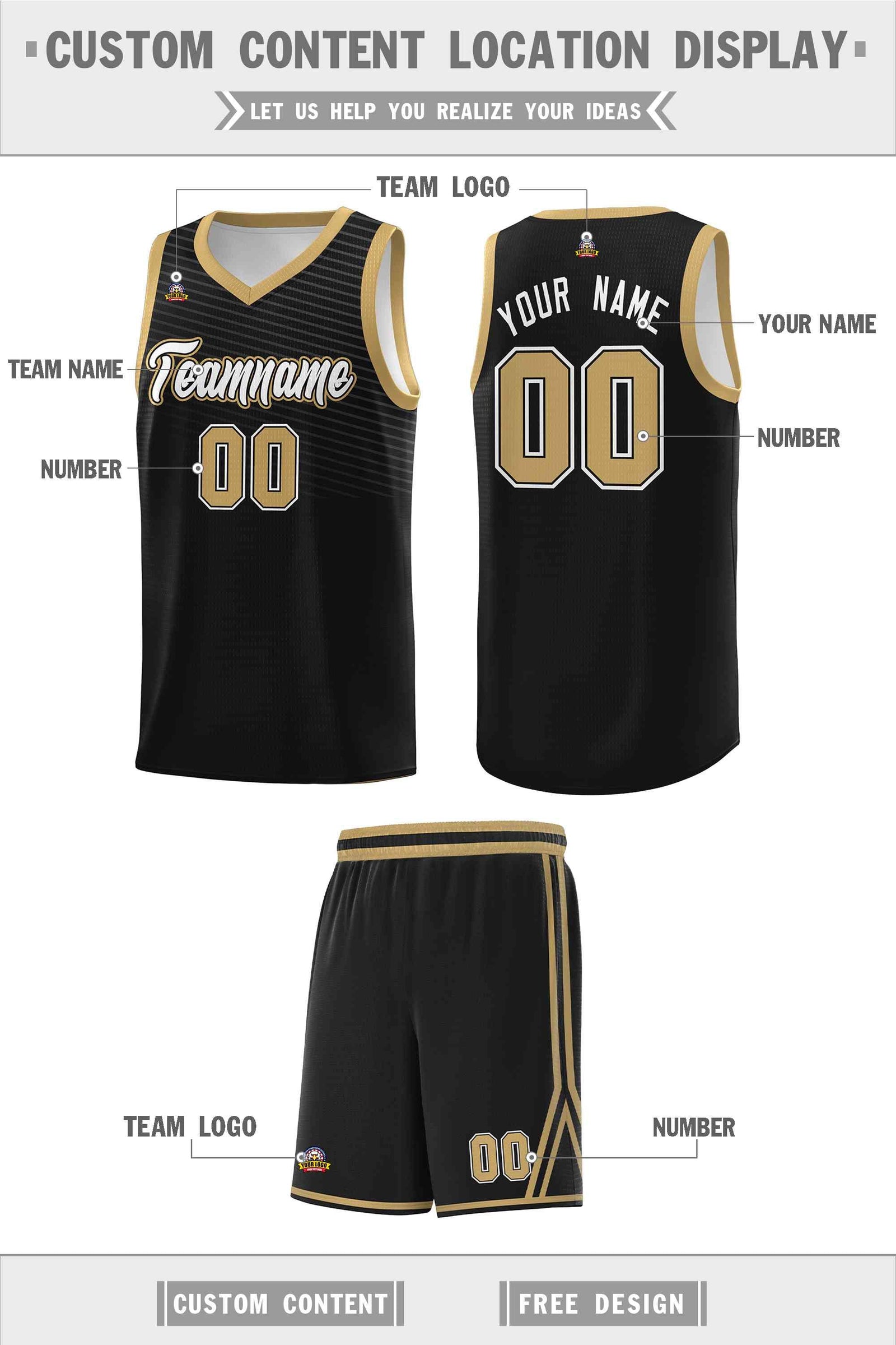 Custom Black Old Gold Chest Slash Patttern Sports Uniform Basketball Jersey