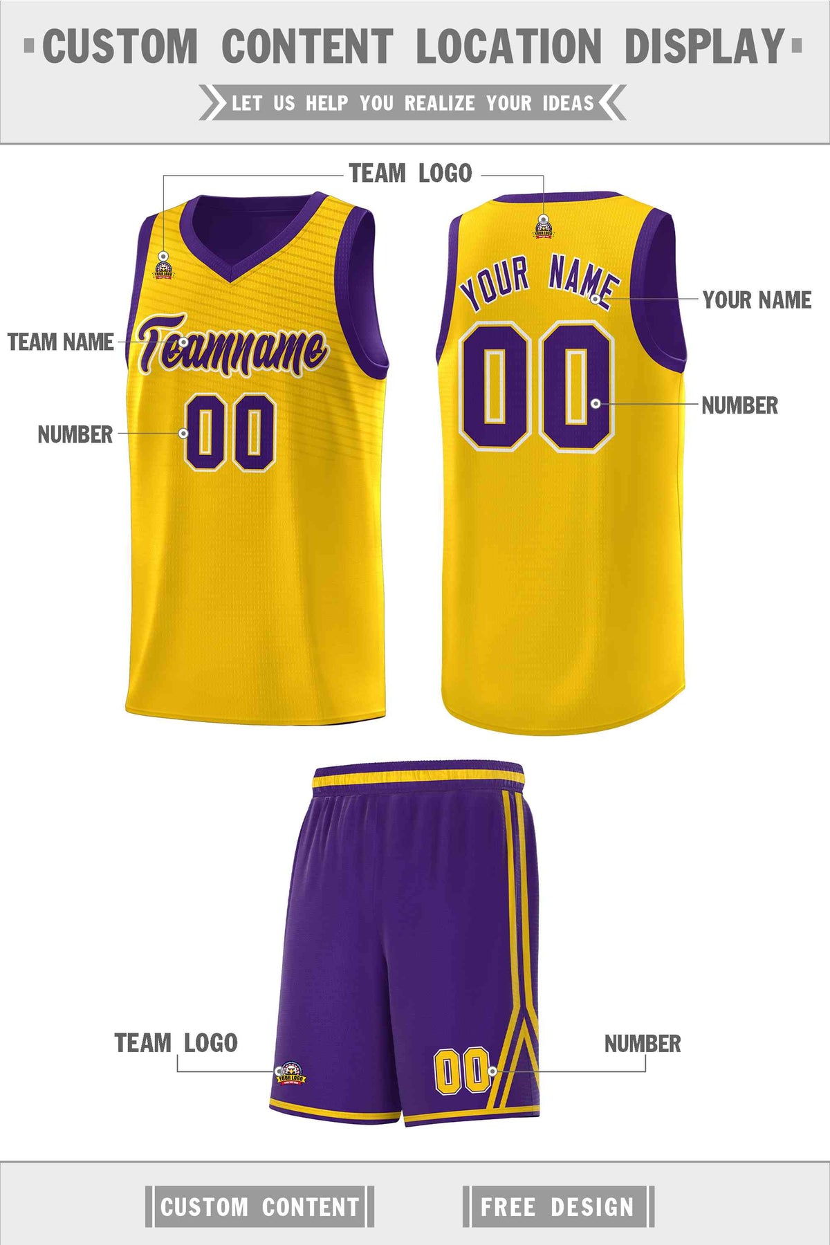 Custom Gold Purple Chest Slash Patttern Sports Uniform Basketball Jersey
