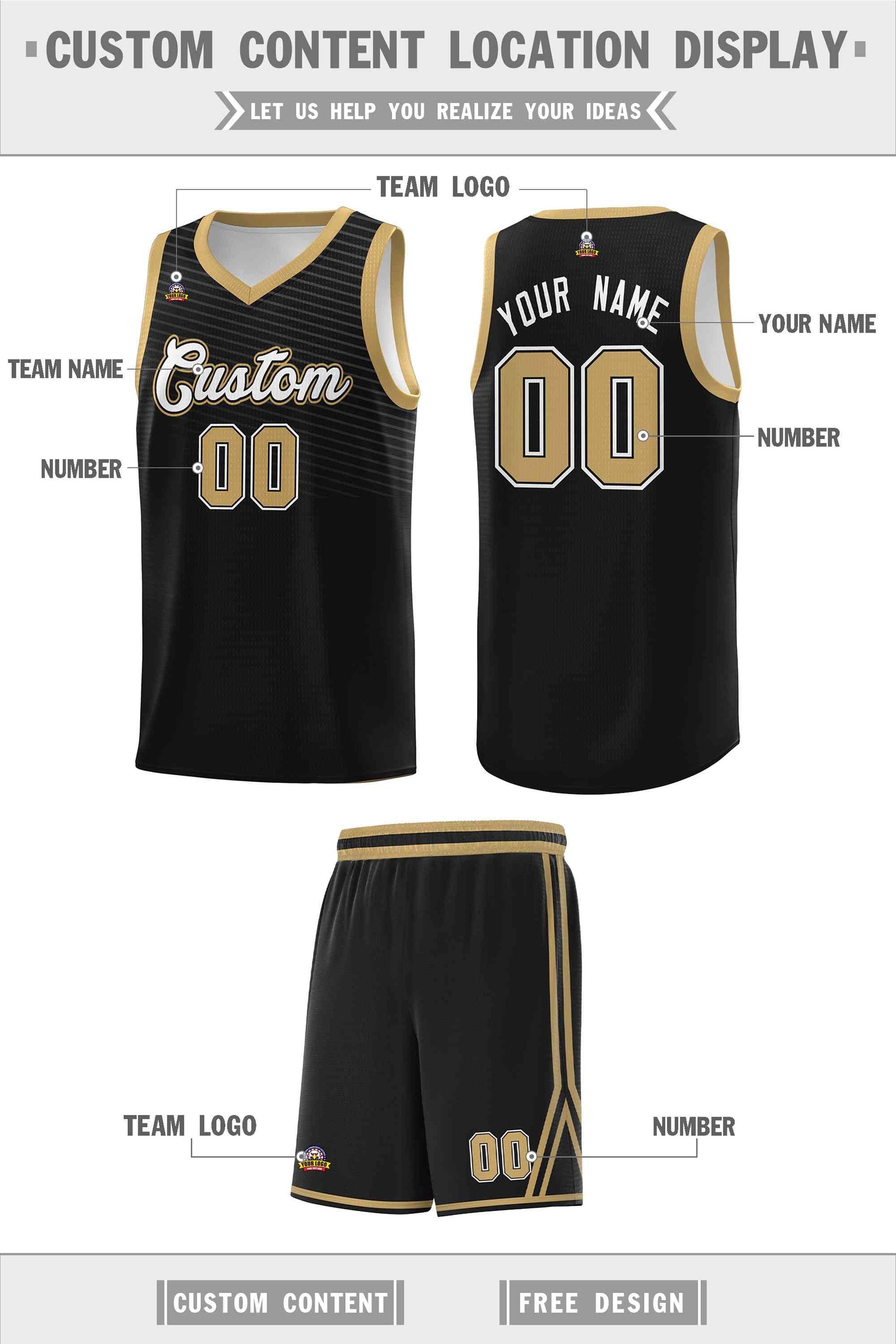 Custom Black Old Gold Chest Slash Patttern Sports Uniform Basketball Jersey